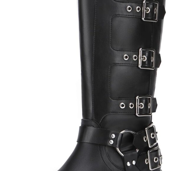 Women's Knee High Riding Boots in Black, Size 7, with Buckle, Square Toe, Chunky - Picture 1 of 6